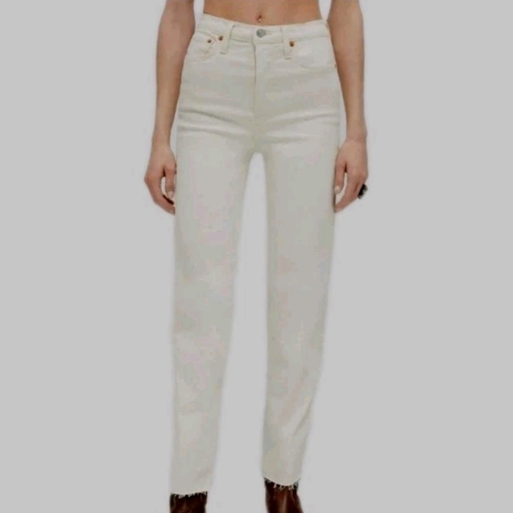 RE/DONE Originals 90s High Rise Ankle Crop Vintage White Button Fly Jeans Sz 26